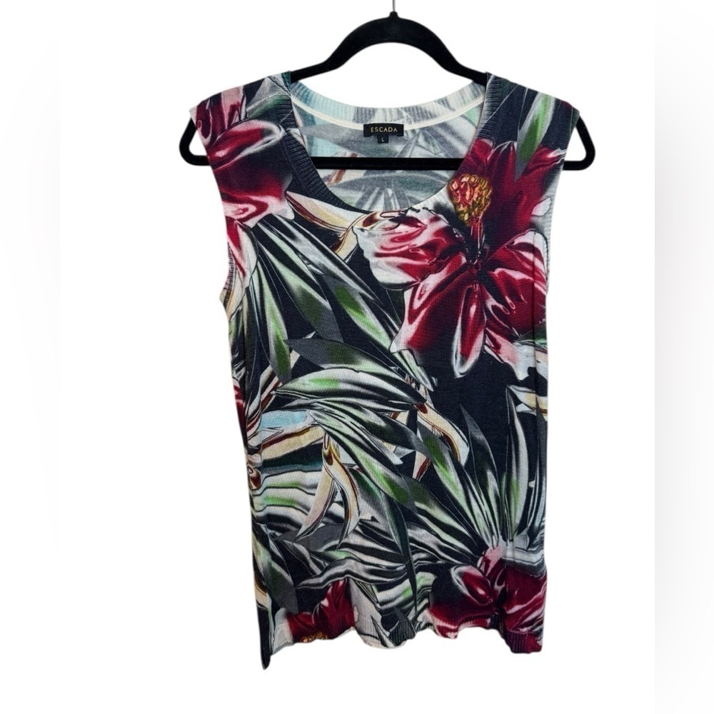 Escada Tropical Floral Wool Silk Sleeveless Sweater